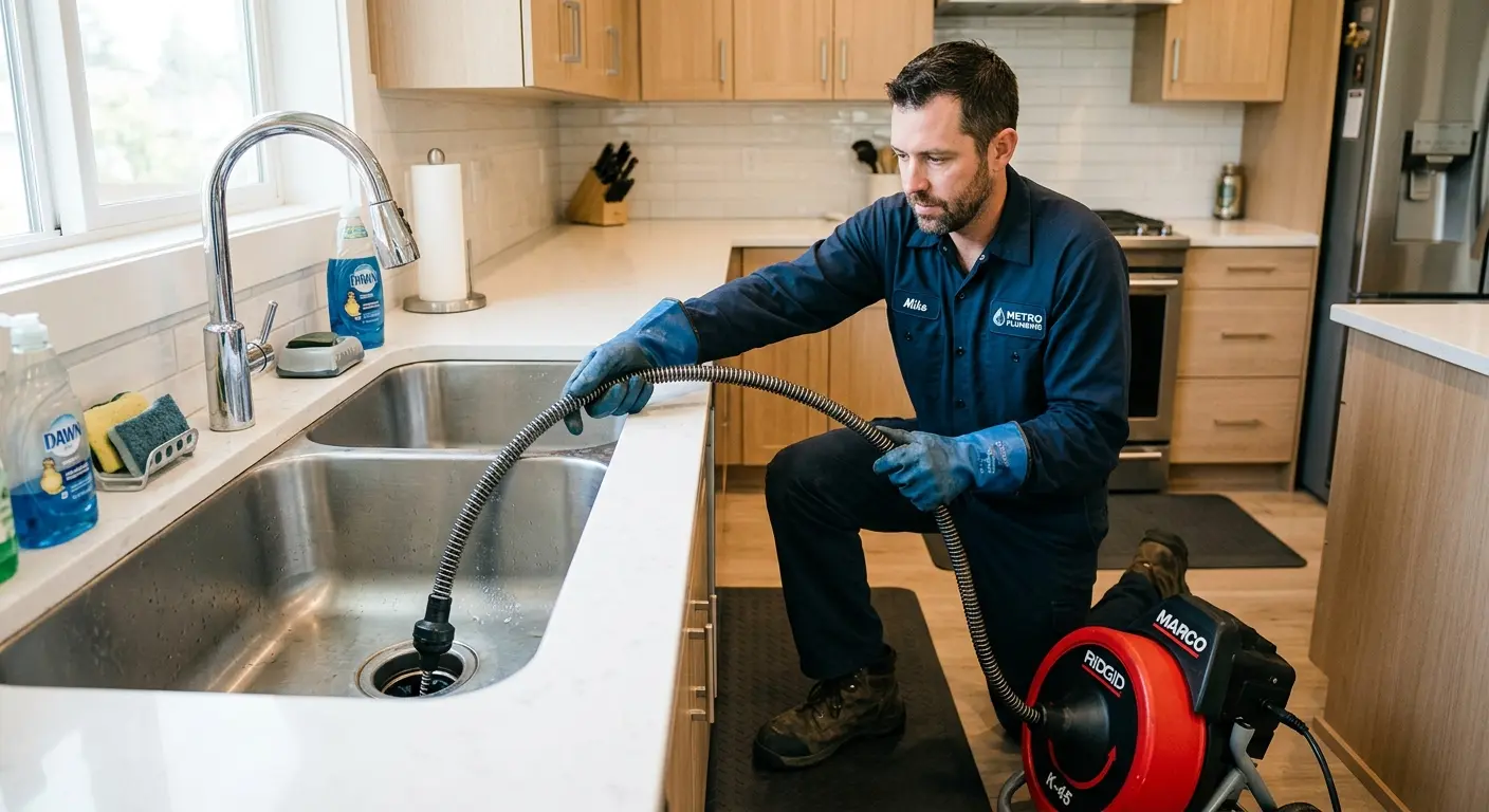 Drain cleaning technician using a motorized snake on a kitchen sink in Eden Isle