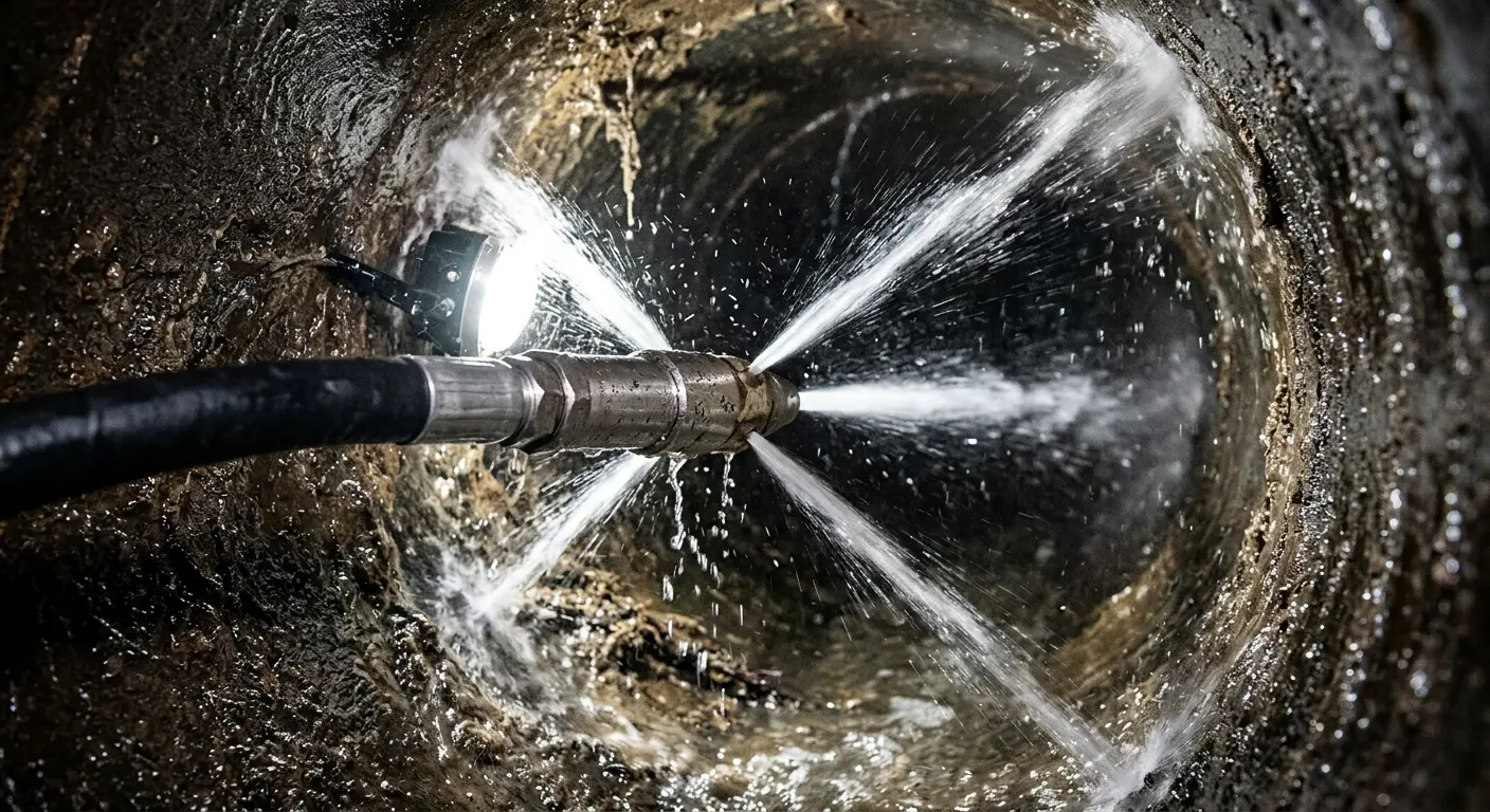 High-pressure hydro jetting nozzle cleaning sewer pipe for Emergency Drain Service in Eden Isle