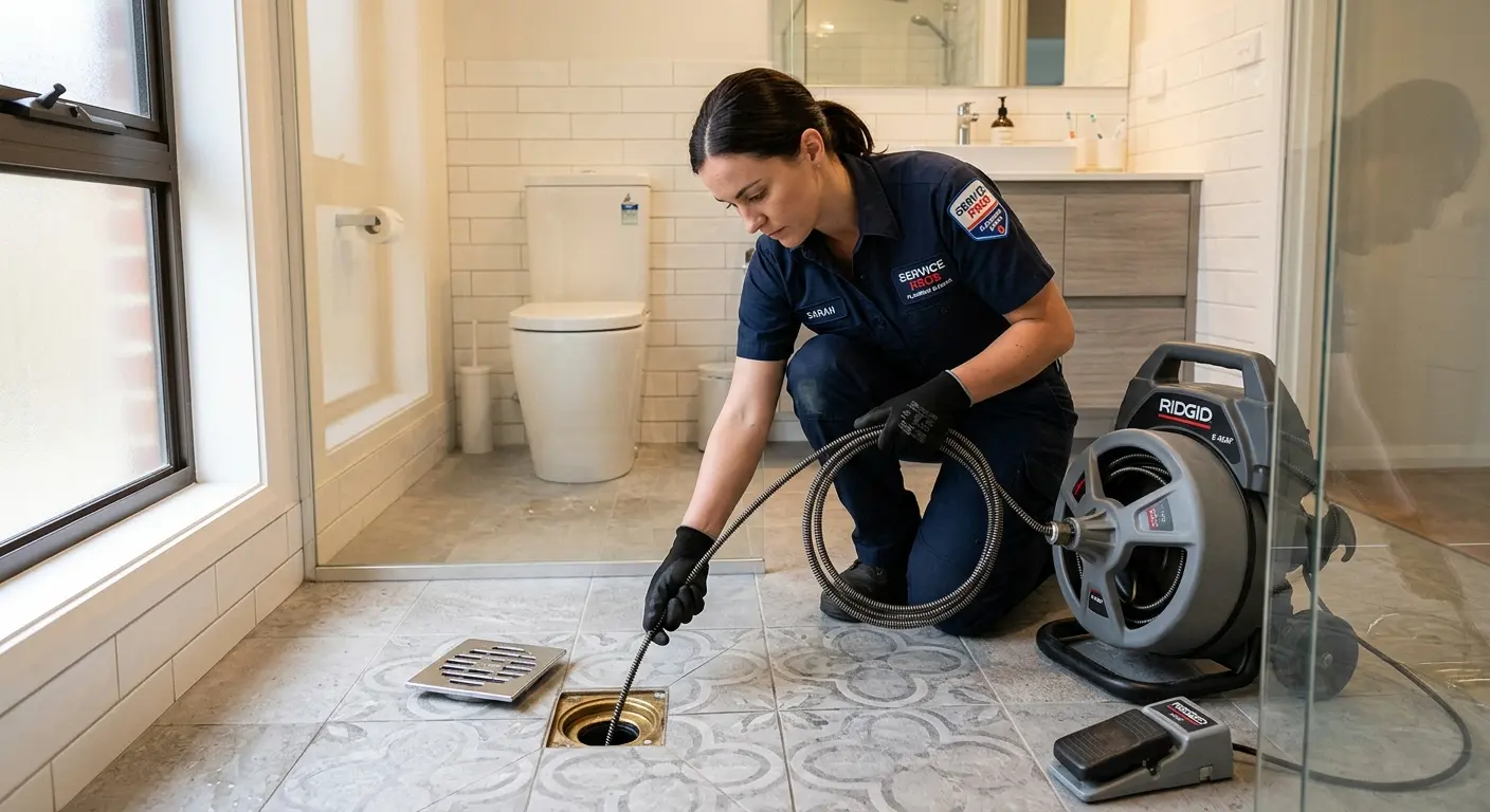 Technician clearing a bathroom floor drain for Drain Cleaning in Eden Isle